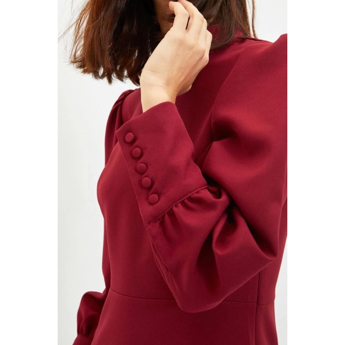 Fashion Style Regular Stand Collar Mini Length A Cut Skirt Gathered Woven Dress