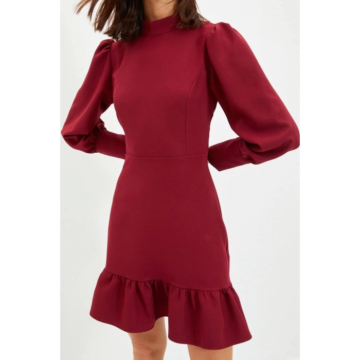Fashion Style Regular Stand Collar Mini Length A Cut Skirt Gathered Woven Dress