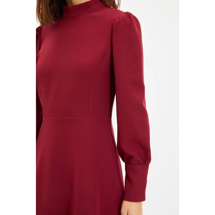 Fashion Style Regular Stand Collar Mini Length A Cut Skirt Gathered Woven Dress