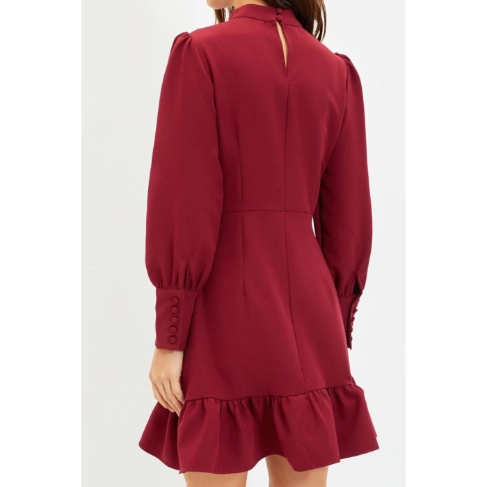 Fashion Style Regular Stand Collar Mini Length A Cut Skirt Gathered Woven Dress