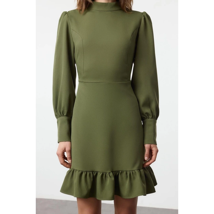 Fashion Style Regular Stand Collar Mini Length A Cut Skirt Gathered Woven Dress