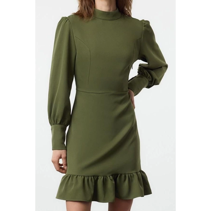Fashion Style Regular Stand Collar Mini Length A Cut Skirt Gathered Woven Dress