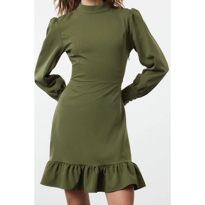 Fashion Style Regular Stand Collar Mini Length A Cut Skirt Gathered Woven Dress
