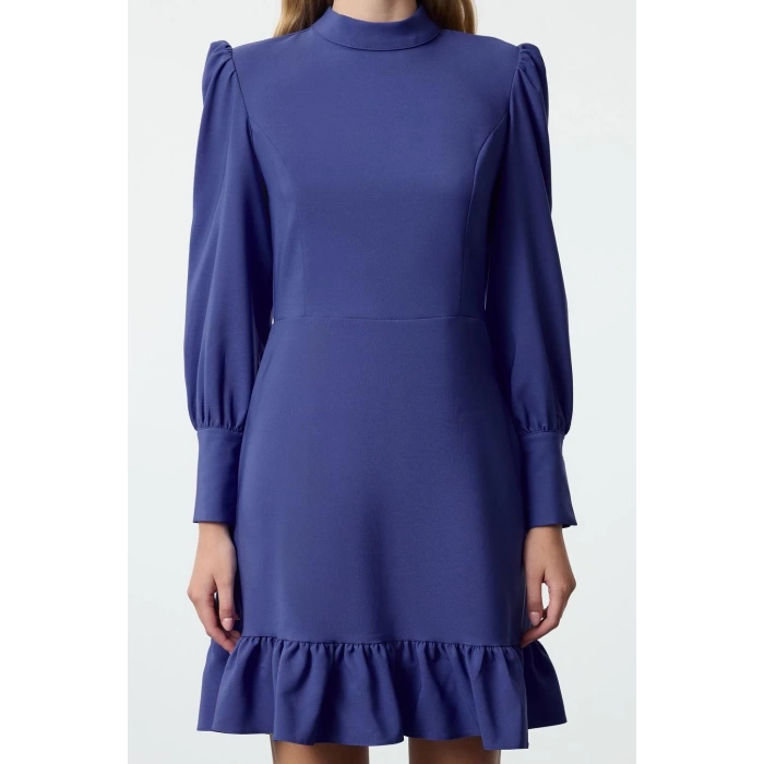 Fashion Style Regular Stand Collar Mini Length A Cut Skirt Gathered Woven Dress