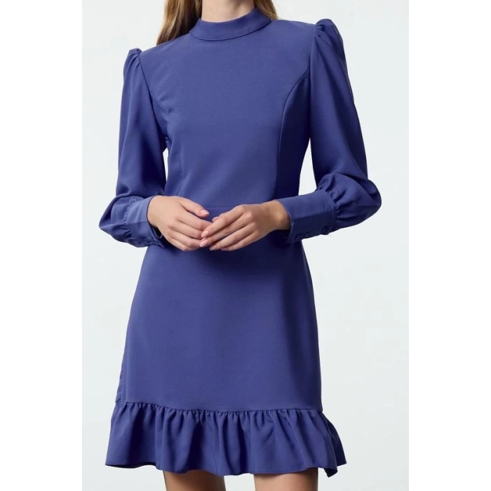 Fashion Style Regular Stand Collar Mini Length A Cut Skirt Gathered Woven Dress