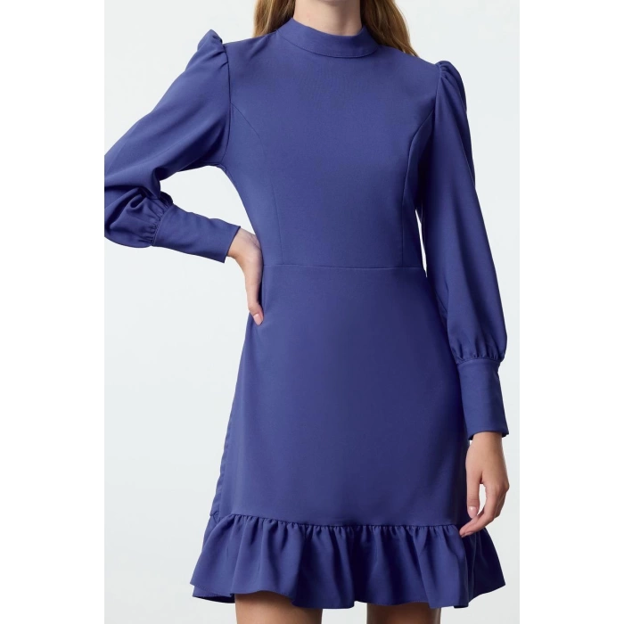 Fashion Style Regular Stand Collar Mini Length A Cut Skirt Gathered Woven Dress