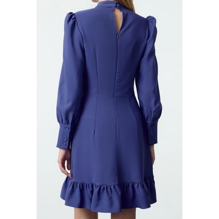 Fashion Style Regular Stand Collar Mini Length A Cut Skirt Gathered Woven Dress