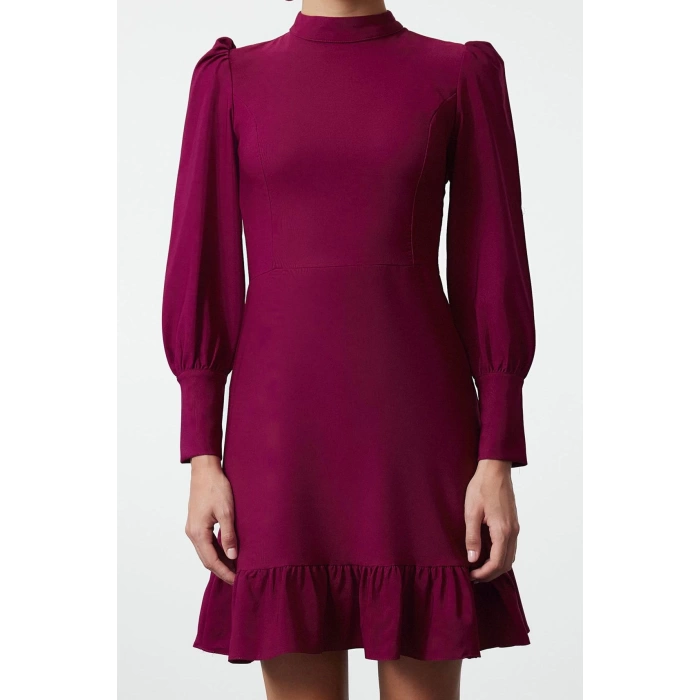 Fashion Style Regular Stand Collar Mini Length A Cut Skirt Gathered Woven Dress
