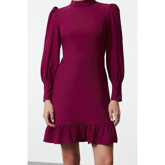 Fashion Style Regular Stand Collar Mini Length A Cut Skirt Gathered Woven Dress