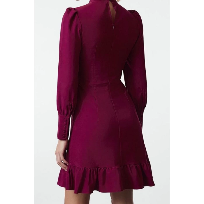 Fashion Style Regular Stand Collar Mini Length A Cut Skirt Gathered Woven Dress