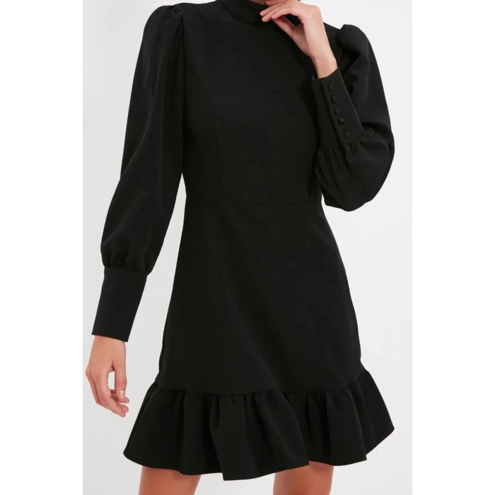 Fashion Style Regular Stand Collar Mini Length A Cut Skirt Gathered Woven Dress