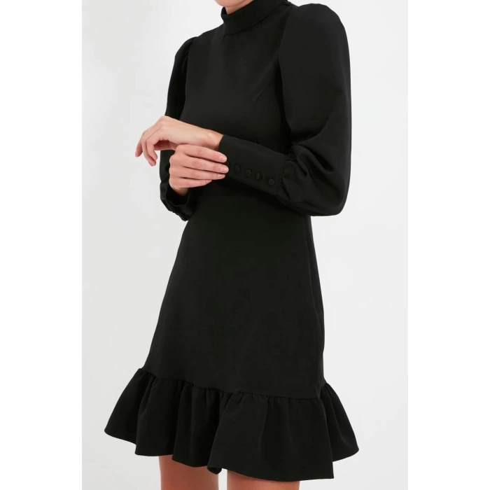 Fashion Style Regular Stand Collar Mini Length A Cut Skirt Gathered Woven Dress