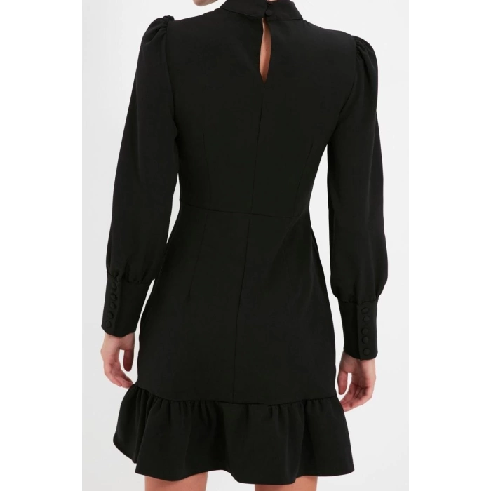Fashion Style Regular Stand Collar Mini Length A Cut Skirt Gathered Woven Dress