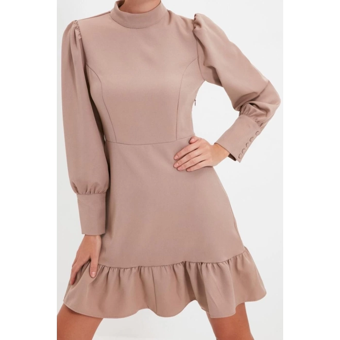 Fashion Style Regular Stand Collar Mini Length A Cut Skirt Gathered Woven Dress