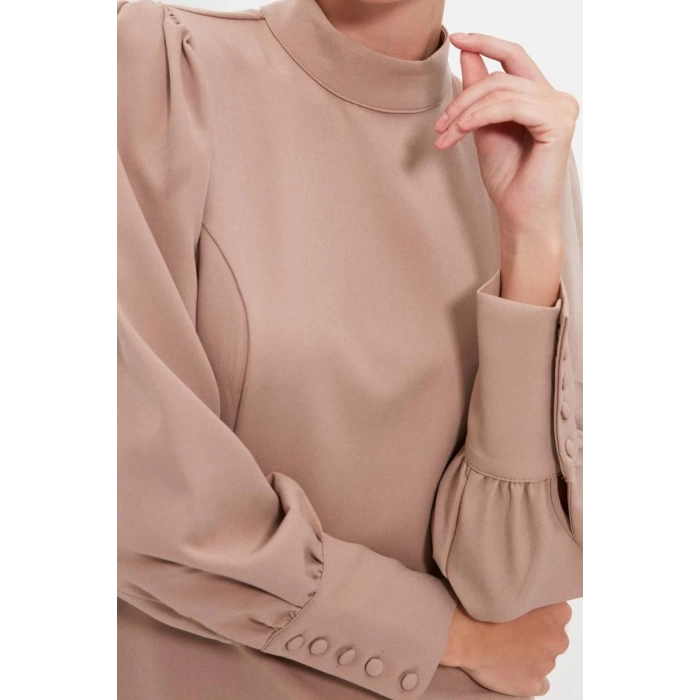 Fashion Style Regular Stand Collar Mini Length A Cut Skirt Gathered Woven Dress