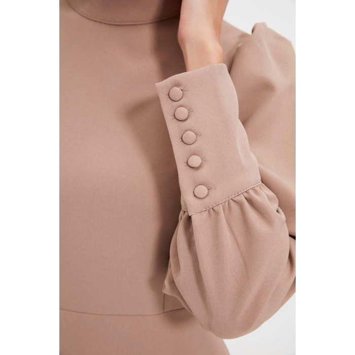 Fashion Style Regular Stand Collar Mini Length A Cut Skirt Gathered Woven Dress