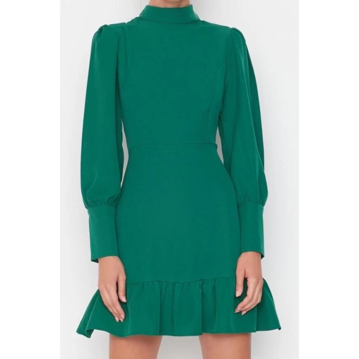 Fashion Style Regular Stand Collar Mini Length A Cut Skirt Gathered Woven Dress