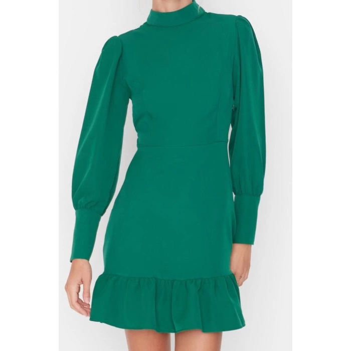 Fashion Style Regular Stand Collar Mini Length A Cut Skirt Gathered Woven Dress