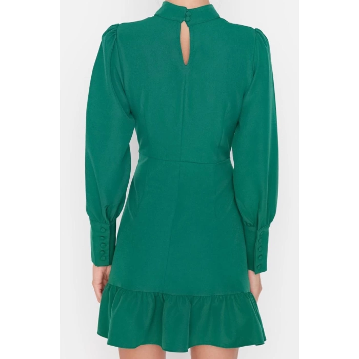 Fashion Style Regular Stand Collar Mini Length A Cut Skirt Gathered Woven Dress
