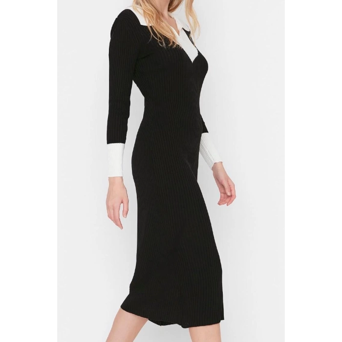 Moda Slim Casual Günlük Fitilli Triko Polo Yaka Uzun Kol Bodycone Midi Boy Elbise