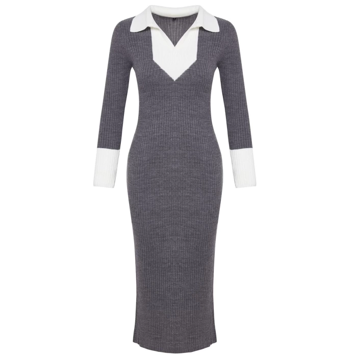 Moda Slim Casual Günlük Fitilli Triko Polo Yaka Uzun Kol Bodycone Midi Boy Elbise