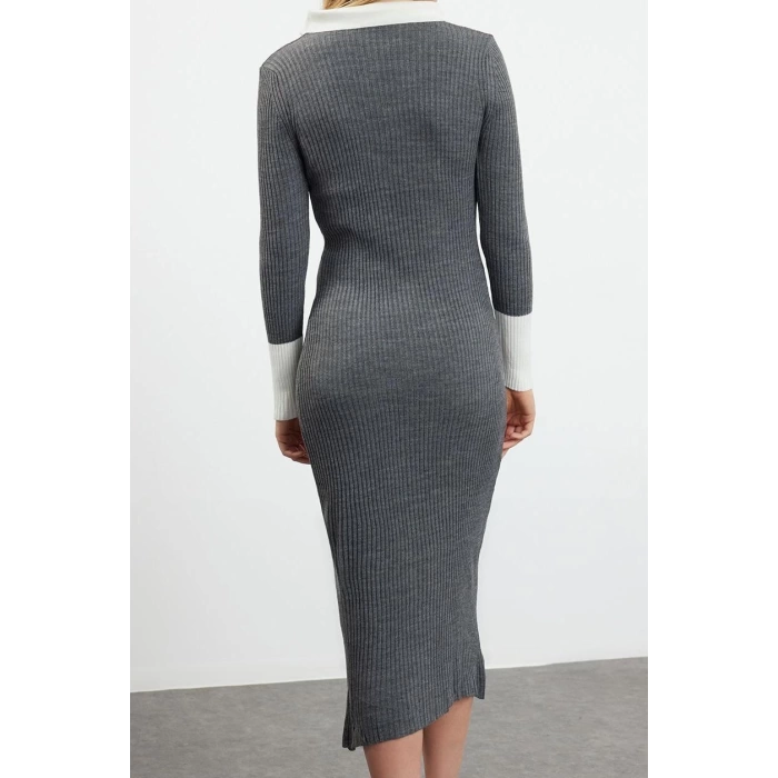 Moda Slim Casual Günlük Fitilli Triko Polo Yaka Uzun Kol Bodycone Midi Boy Elbise
