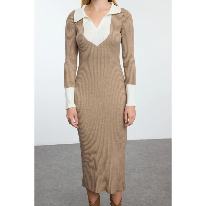 Moda Slim Casual Günlük Fitilli Triko Polo Yaka Uzun Kol Bodycone Midi Boy Elbise