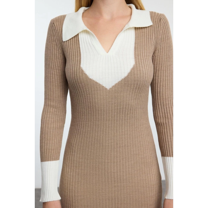 Moda Slim Casual Günlük Fitilli Triko Polo Yaka Uzun Kol Bodycone Midi Boy Elbise