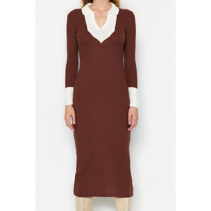 Moda Slim Casual Günlük Fitilli Triko Polo Yaka Uzun Kol Bodycone Midi Boy Elbise