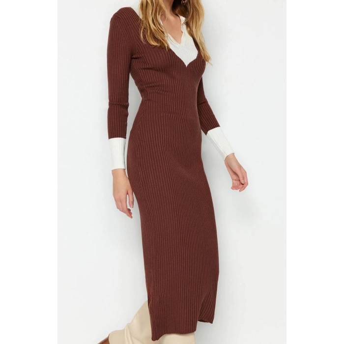 Moda Slim Casual Günlük Fitilli Triko Polo Yaka Uzun Kol Bodycone Midi Boy Elbise