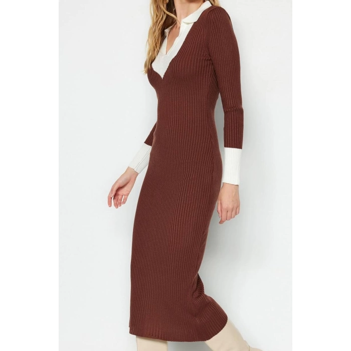 Moda Slim Casual Günlük Fitilli Triko Polo Yaka Uzun Kol Bodycone Midi Boy Elbise