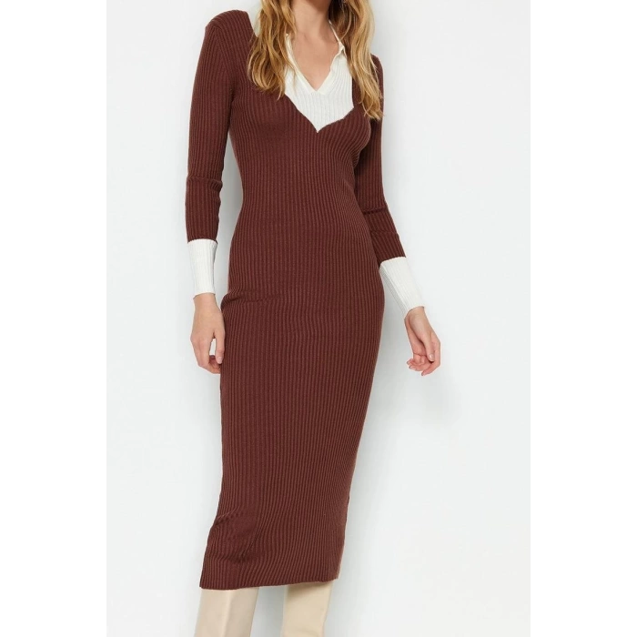 Moda Slim Casual Günlük Fitilli Triko Polo Yaka Uzun Kol Bodycone Midi Boy Elbise