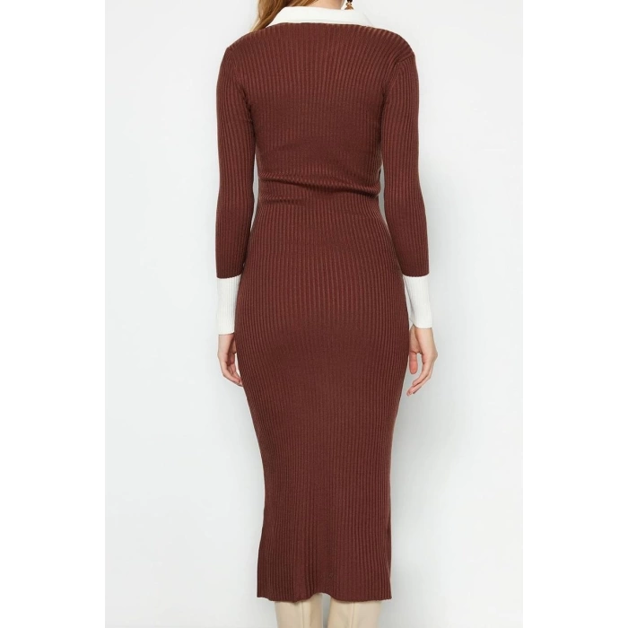 Moda Slim Casual Günlük Fitilli Triko Polo Yaka Uzun Kol Bodycone Midi Boy Elbise