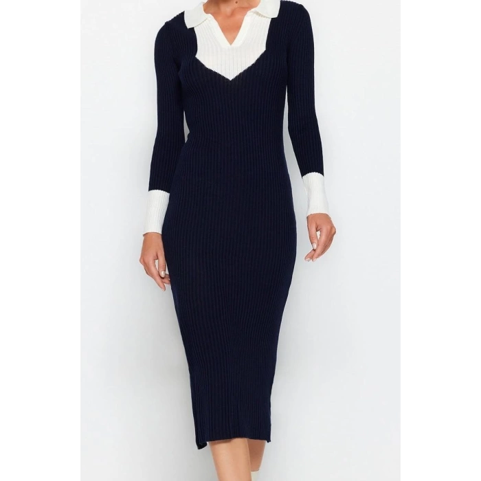 Moda Slim Casual Günlük Fitilli Triko Polo Yaka Uzun Kol Bodycone Midi Boy Elbise