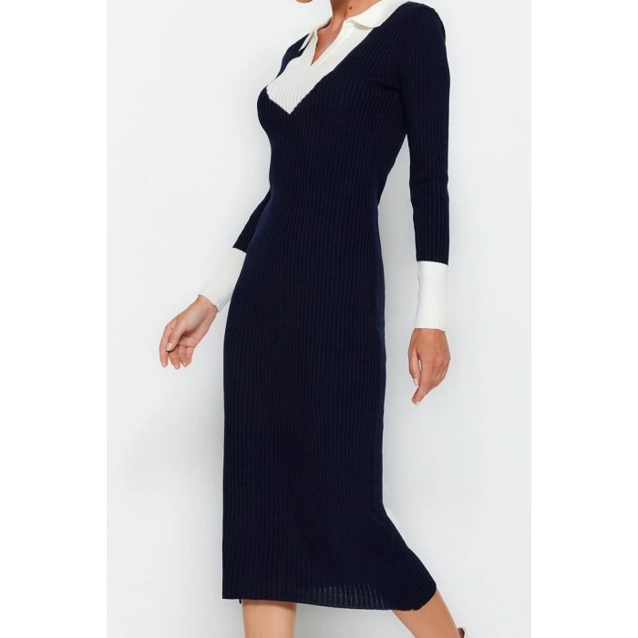 Moda Slim Casual Günlük Fitilli Triko Polo Yaka Uzun Kol Bodycone Midi Boy Elbise
