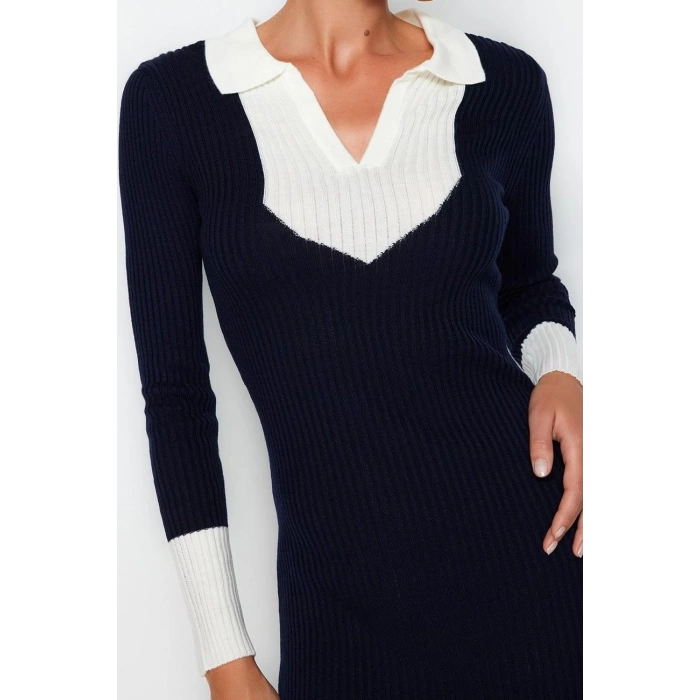 Moda Slim Casual Günlük Fitilli Triko Polo Yaka Uzun Kol Bodycone Midi Boy Elbise