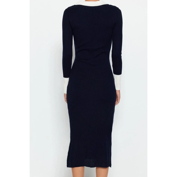Moda Slim Casual Günlük Fitilli Triko Polo Yaka Uzun Kol Bodycone Midi Boy Elbise