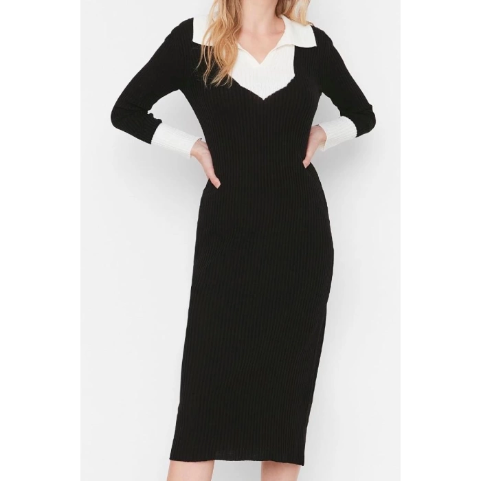 Moda Slim Casual Günlük Fitilli Triko Polo Yaka Uzun Kol Bodycone Midi Boy Elbise