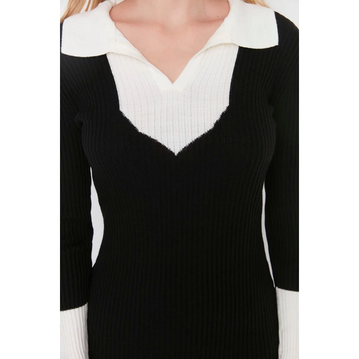 Moda Slim Casual Günlük Fitilli Triko Polo Yaka Uzun Kol Bodycone Midi Boy Elbise