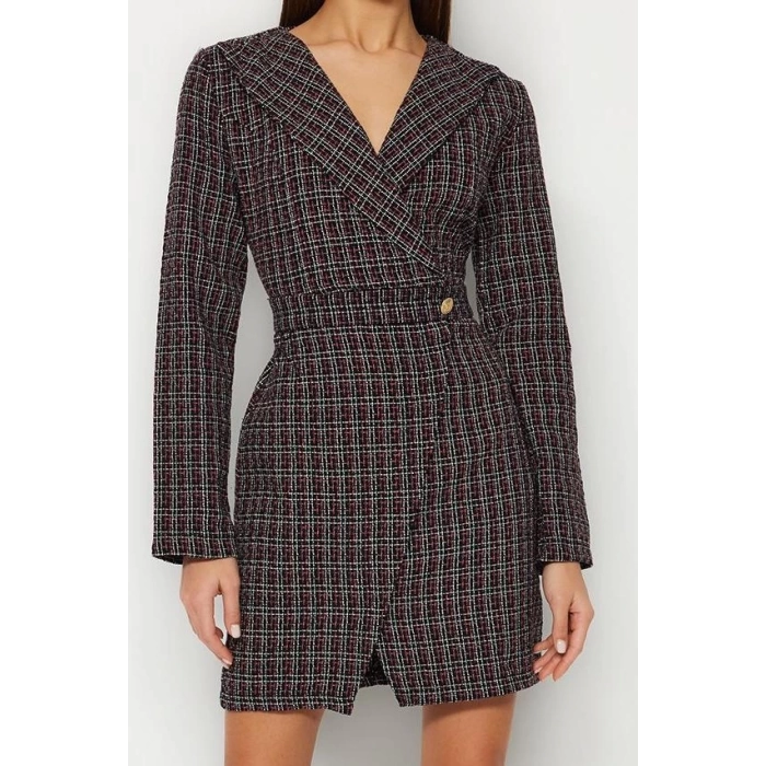 Moda Regular Business Tüvit Dokuma Ceket Yaka Uzun Kol Ceket Elbise Mini Boy Elbise