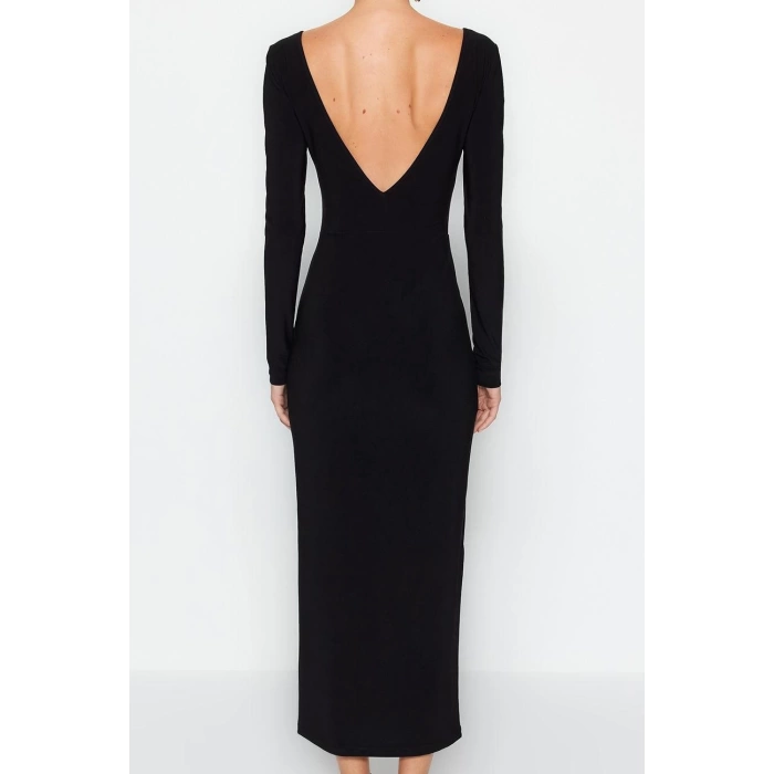 Moda Stil Slim Kayık Yaka Maxi Boy Düz Bodycone Sırt Baskılı Örme Elbise Vücuda Oturan Esnek
