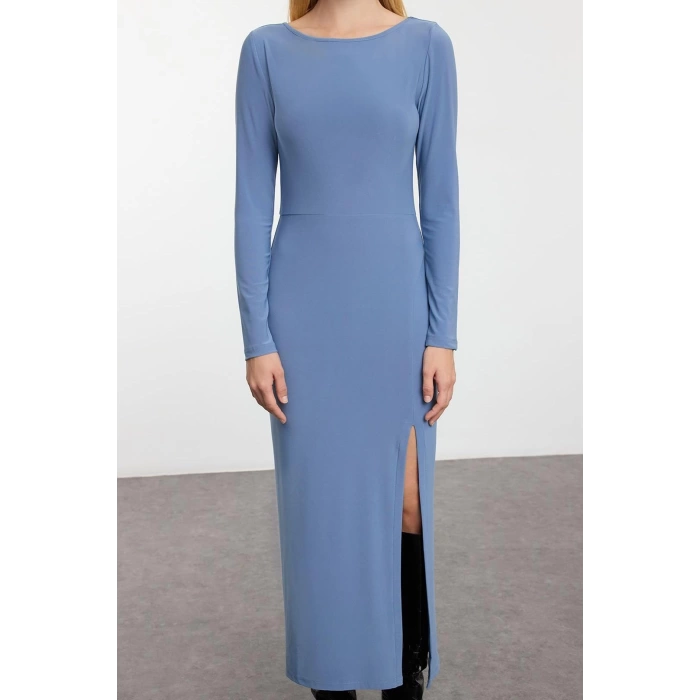Moda Stil Slim Kayık Yaka Maxi Boy Düz Bodycone Sırt Baskılı Örme Elbise Vücuda Oturan Esnek
