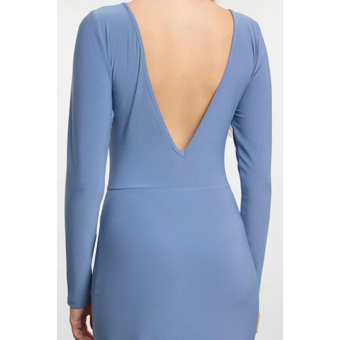 Moda Stil Slim Kayık Yaka Maxi Boy Düz Bodycone Sırt Baskılı Örme Elbise Vücuda Oturan Esnek