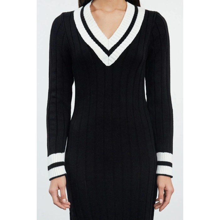 Moda Stil Regular V Yaka Midi Boy Triko Renk Bloklu Elbise