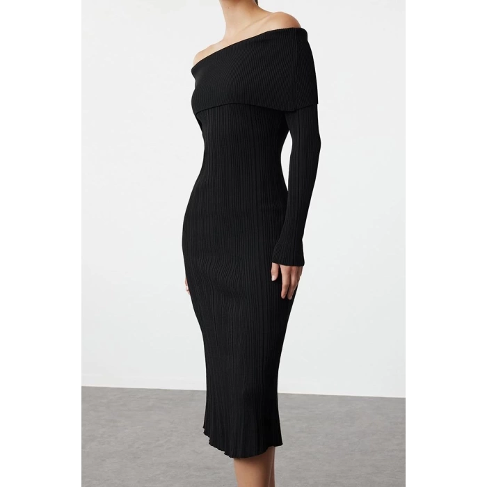 Moda Stil Regular Carmen Yaka Midi Boy Triko Basic Elbise