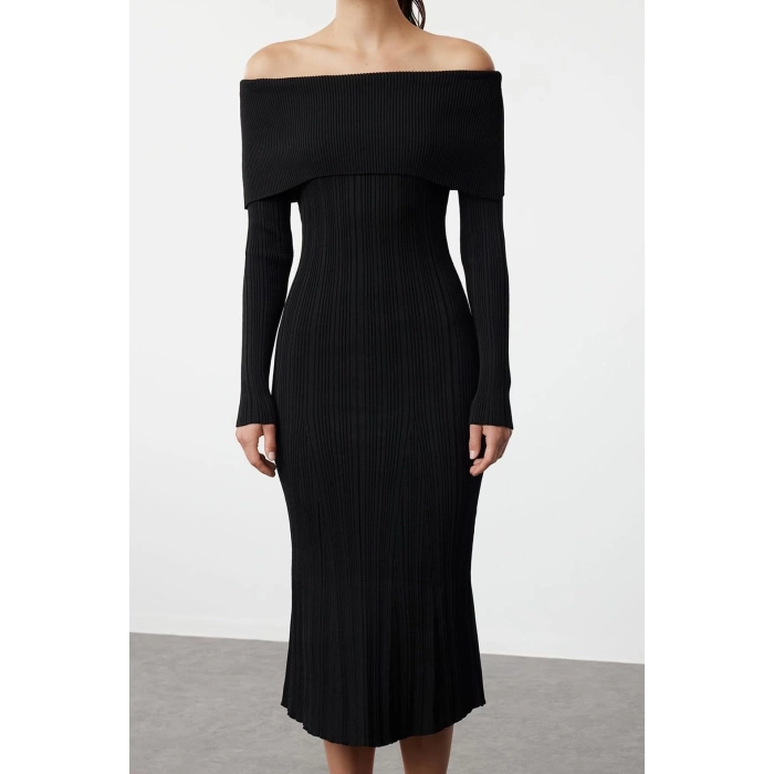 Moda Stil Regular Carmen Yaka Midi Boy Triko Basic Elbise
