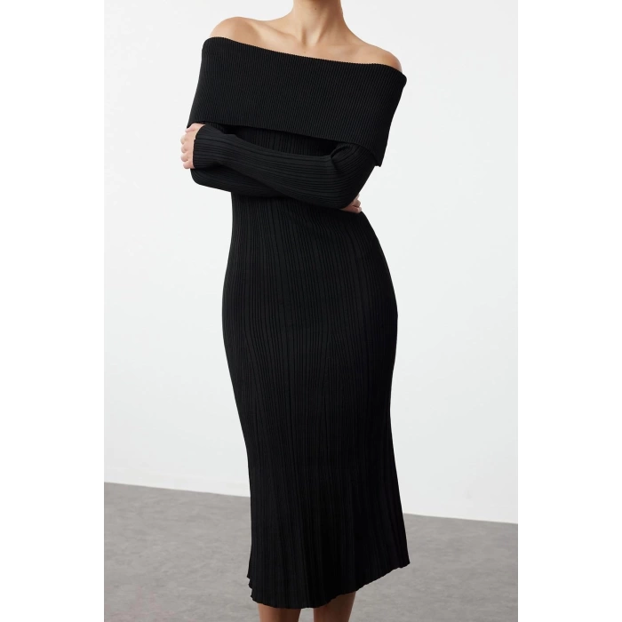 Moda Stil Regular Carmen Yaka Midi Boy Triko Basic Elbise