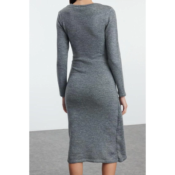 Moda Stil Regular Bisiklet Yaka Midi Boy Triko Yumuşak Dokulu Kruvaze Etek Detaylı Elbise