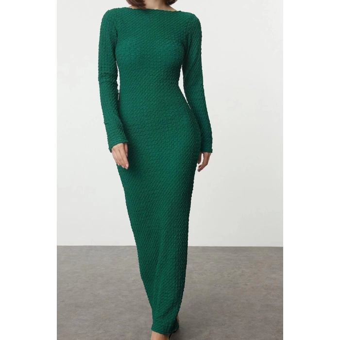 Moda Stil Slim Kayık Yaka Maxi Boy Düz Dokulu Fitted Vücuda Oturan Örme Elbise