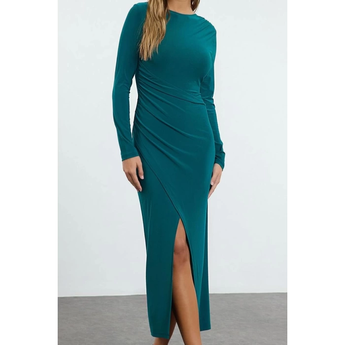 Moda Stil Slim Bisiklet Yaka Maxi Boy Düz Vücuda Oturan Drapeli Anvelop Esnek Örme Elbise